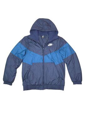 Nike Mens Hooded Winter Jacket Coat Medium Zip Pockets Full Zip Blue & Navy